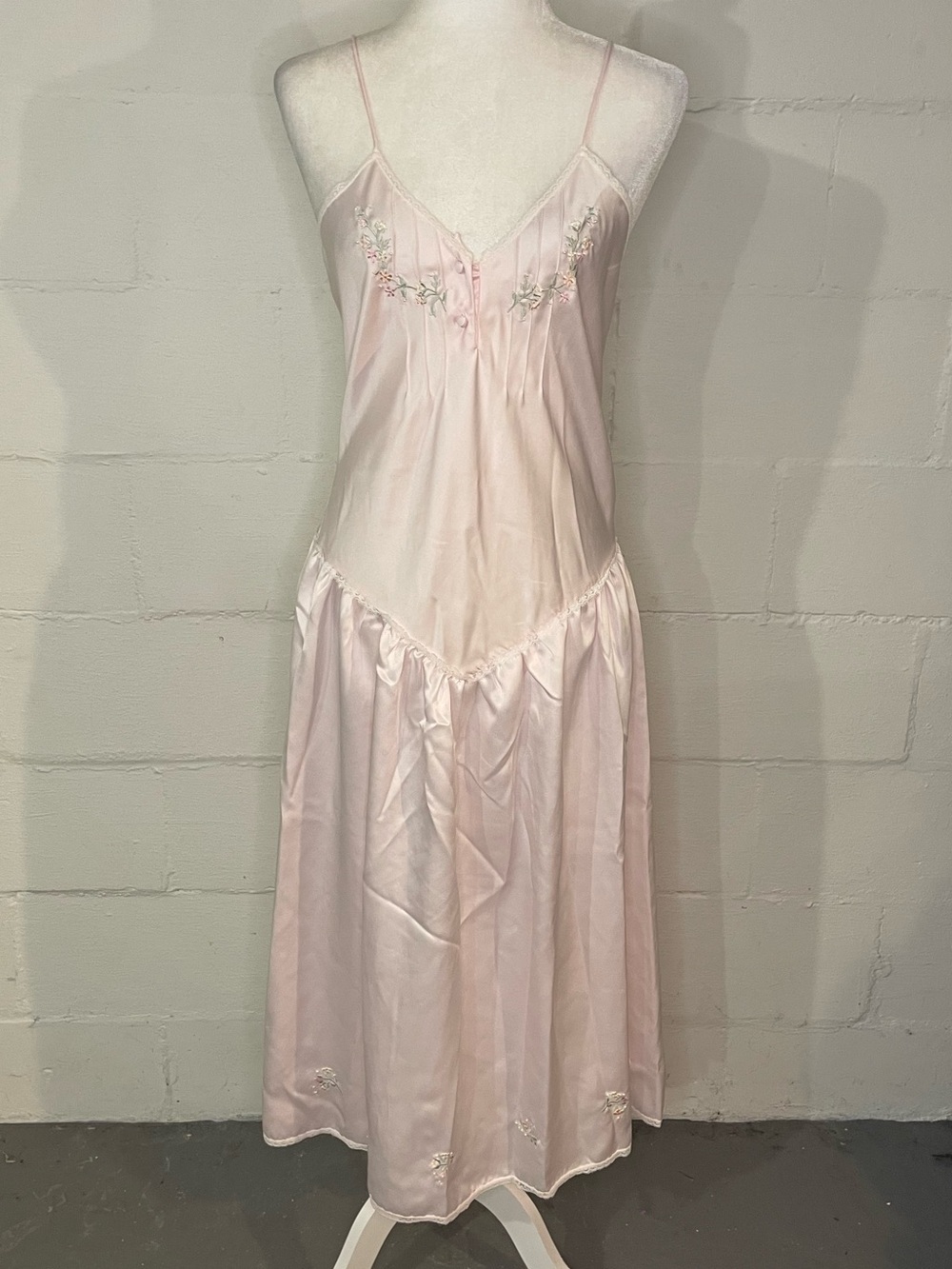 Vintage Victoria's Secret Light Pink Satin Slip with Floral Embroidery